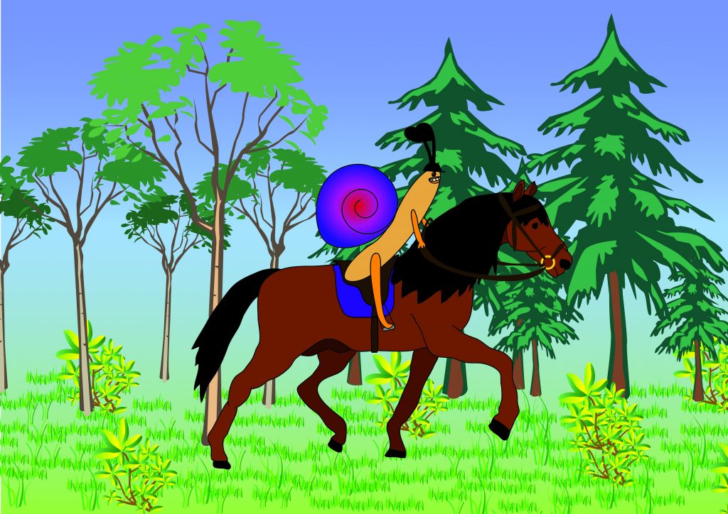 Reiterschnecke: Illustration einer Schnecke, die auf einem Andalusier-Pferd reitet.