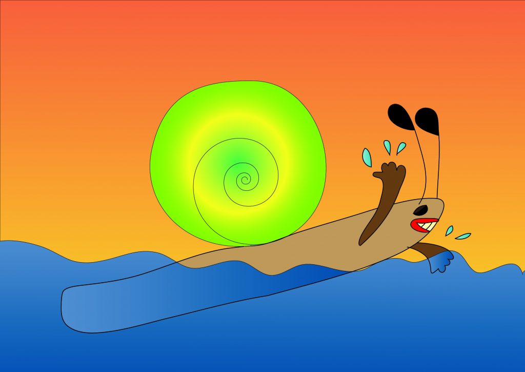 Schwimmerschnecke: Illustration einer Schnecke, die im Wasser schwimmt