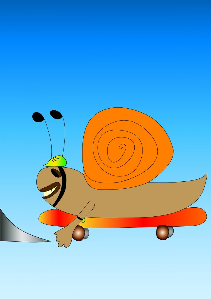 Skaterschnecke: Illustration einer Schnecke, die auf einem Skateboard fährt.