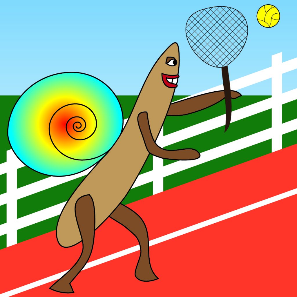 Tennisspielerschnecke: Illustration einer Schnecke, die Tennis auf einem Tennisplatz spielt.