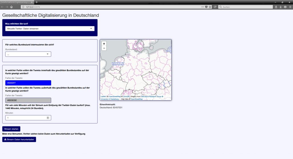 Interface der Shiny-App: Die (gesellschaftliche) Digitalisierung in Deutschland am Beispiel von Twitter-Nachrichten (Tweets) – Visualisierung in R und Shiny