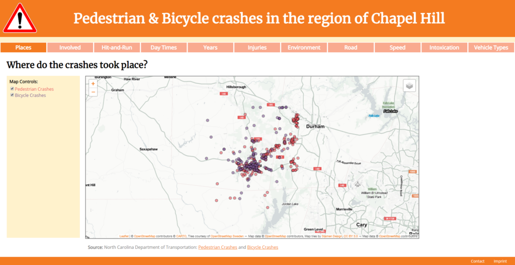 Pedestrian & Bicycle crashes in the region of Chapel Hill: Where do the crashes took place?