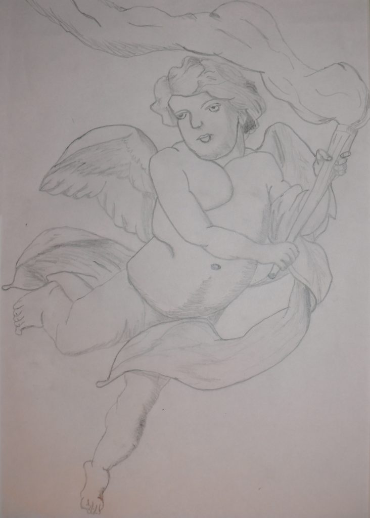 Engel: Bleistift-Zeichnung eines Engels, der sich im Flug befindet und eine Rauchfackel trägt.