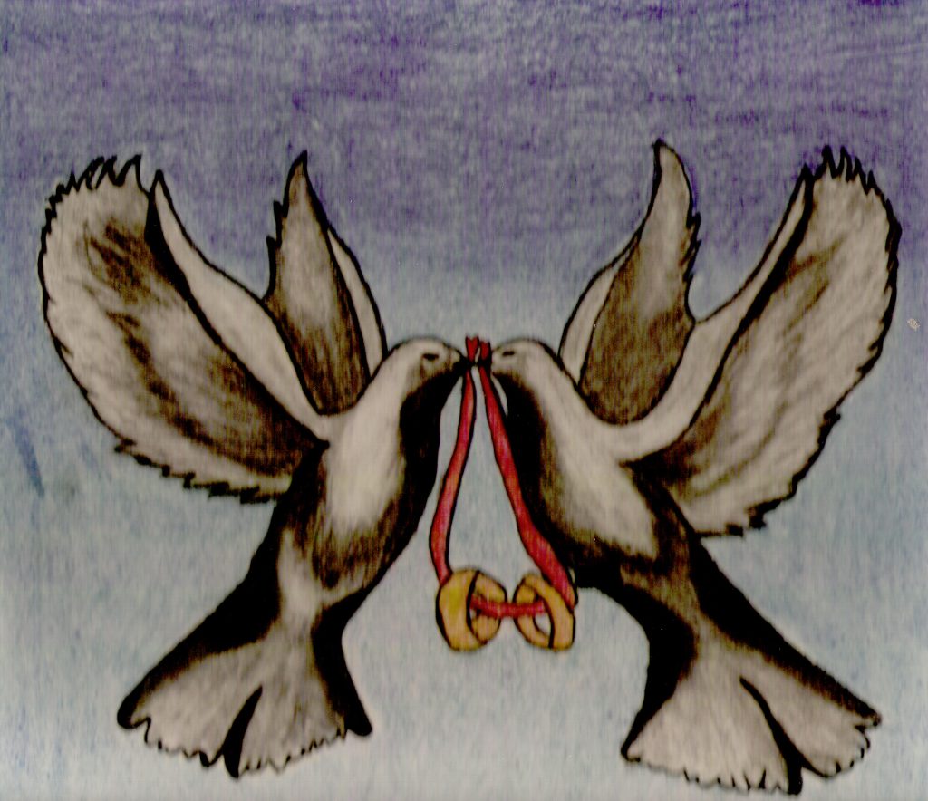 Hochzeitstauben: Kohle- & Kreide-Zeichnung zweier Tauben, die im Flug ein Band mit zwei Ringen tragen